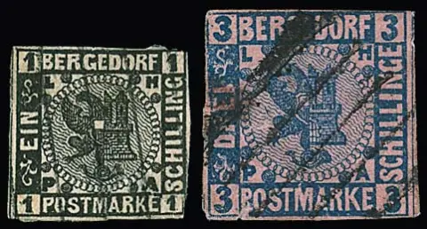 1 Sch. schwarz und 3 Sch. blau/rosa, zwei echt gestempelte Marken mit Mängeln, je Atteste Mozek. Mi. 3000,-