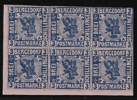3 Sch. blau/rosa im Sechserblock aus der linken unteren Bogenecke, eine Marke ungebraucht (oben Mitte), sonst postfrisch. Mi. lose 330,-