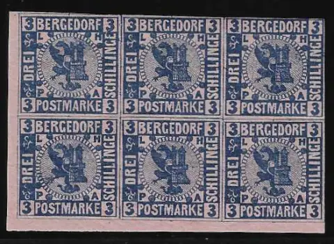 3 Sch. blau/rosa im Sechserblock aus der linken unteren Bogenecke, eine Marke ungebraucht (oben Mitte), sonst postfrisch. Mi. lose 330,-