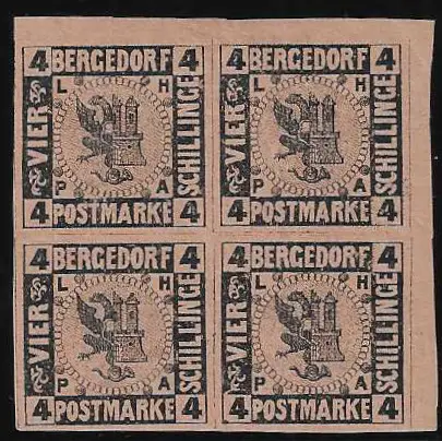 4 Sch. schw./braunorange im ungebrauchten Kabinett-Viererblock aus der rechten oberen Bogenecke, Mi. 140,-