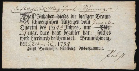 "Braunschweig", 1754, "Fürstl. Braunschw. Lüneburg. Adresscomptoir", zwei Ortsdruck-Postscheine