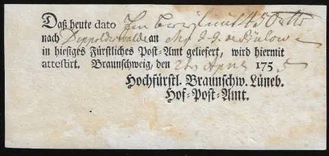 "Braunschweig", 1755, Ortsdruck-Postschein (etwas unfrisch)