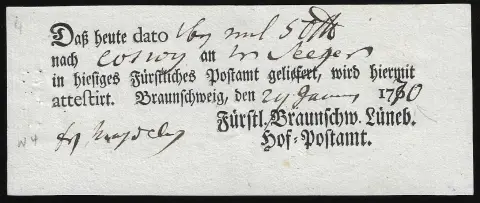 "Braunschweig", 1760/1770, zwei Ortsdruck-Postscheine, Hb. 3/4, 1200 P.
