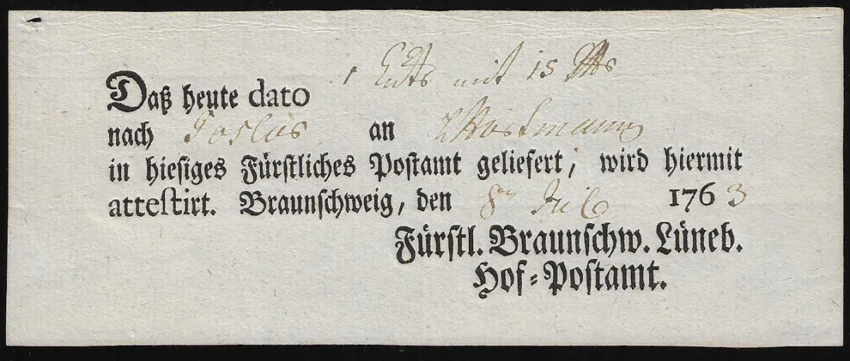 "Braunschweig", 1763, seltener Ortsdruck-Postschein, W3, 800 P.