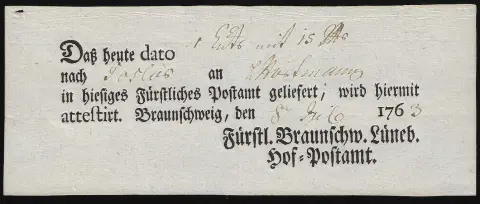 "Braunschweig", 1763, seltener Ortsdruck-Postschein, W3, 800 P.