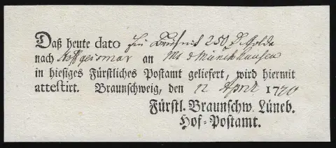 "Braunschweig", 1770, zwei seltene Ortsdruck-Postscheine