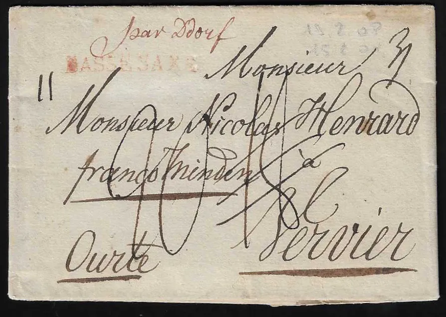 "Braunschweig", 1805, zwei Briefe nach Verviers bzw. Bordeaux, je hs. "par D' dorf", L1 "BASSE SAXE" in rot bzw. schwarz, einmal Brief Mittelfalte