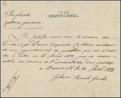 "Braunschweig", 1813, seltene handschriftliche Quittung für einen Postillion der Grande-Armée mit L2 "No. 30 GRANDÉ-ARMÉE"