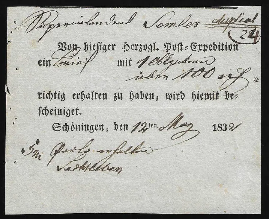 "Schöningen", 1832, "Von hiesiger Herzogl. Post-Expedition", sehr seltener Post-Ablieferungsschein
