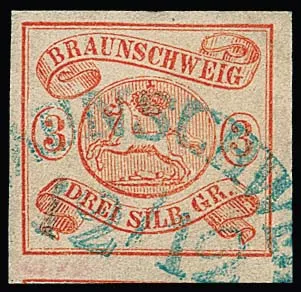3 Sgr. orangerot, breit- bis überrandiges Kabinettstück mit HK von Braunschweig, ex Slg. Haub (siehe 228. Rauhut & Kruschel), Mi. 350,- +