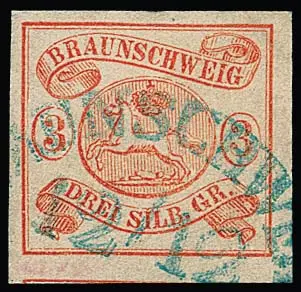 3 Sgr. orangerot, breit- bis überrandiges Kabinettstück mit HK von Braunschweig, ex Slg. Haub (siehe 228. Rauhut & Kruschel), Mi. 350,- +