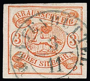 3 Sgr. orangerot, Kabinettstück mit K2 "Wolfenbüttel", sign. Köhler, sowie weiteres, breitrandiges Exemplar mit HK "Braunschweig" (kl. Mgl.), Mi. 700,-