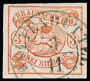3 Sgr. orangerot, Kabinettstück mit K2 "Wolfenbüttel", sign. Köhler, sowie weiteres, breitrandiges Exemplar mit HK "Braunschweig" (kl. Mgl.), Mi. 700,-