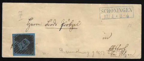 2 Sgr. schw./blau auf Prachtcouvert mit NS "37" und blauem Ra2 "Schöningen"