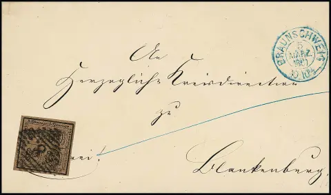 4/4 Ggr. noir/brun sur lettre de cabinet avec NS "8" et K2 latéral bleu "Braunschweig", signé Krause. Mi. 300,-