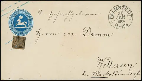 1/4 Ggr. schw./braun einzeln auf Ortsbrief aus Braunschweig (NS "8"), sowie als Bestellgeld auf Ganzsache 2 Sgr. blau aus Helmstedt (hs. Entwertung nicht…