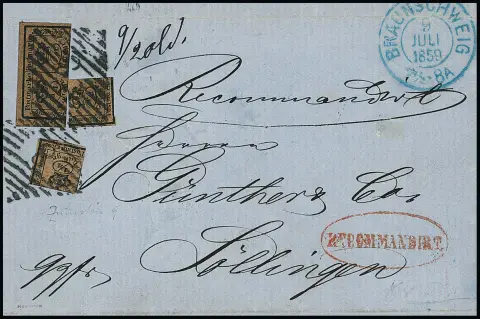 4/4 Ggr. schw./braun, geklebt zu 2/4 und zweimal 1/4 (siehe Foto), auf Einschreibebrief von Braunschweig 1859 nach Söllingen, sign. Pfenninger