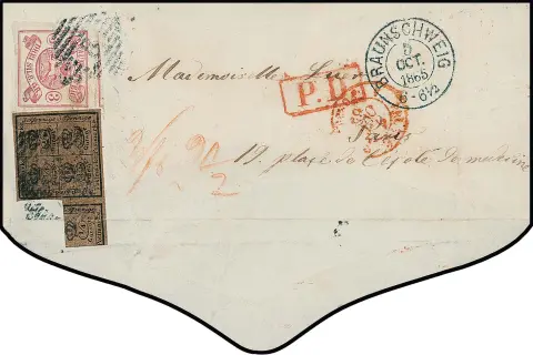 5/4 Ggr. schw./braun in Mischfankatur mit 3 Sgr. lilarosa auf Damencouvert von Braunschweig 1865 nach Paris, seltene Kombination trotz Beanstandungen (1/4…