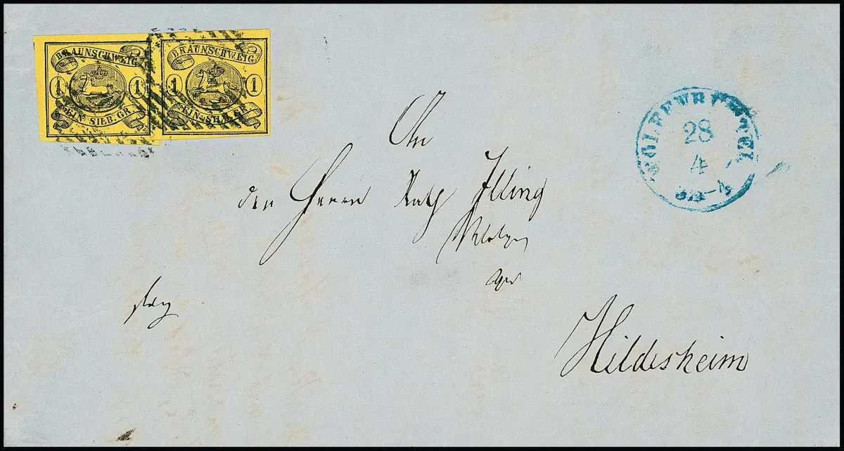 1 Sgr. noir/jaune, paire de cabinet horizontale, marges complètes à larges, sur lettre de Wolfenbüttel à Hildesheim, attestation photo Lange. Mi. 500,- +