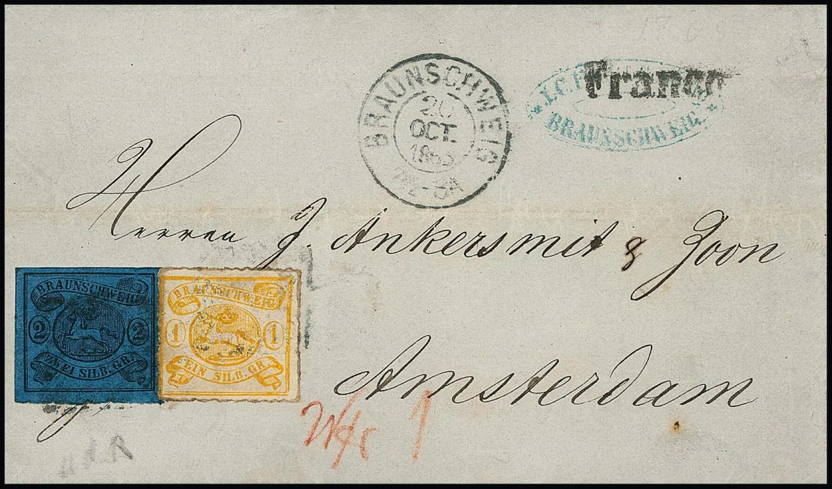 1 Sgr. gelbocker und 2 Sgr. schw./blau (teils Scherentrennung) auf leicht gestempeltem Auslandsbrief von Braunschweig 1865 nach Amsterdam. Die Zugehörigkeit…