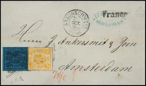 1 Sgr. gelbocker und 2 Sgr. schw./blau (teils Scherentrennung) auf leicht gestempeltem Auslandsbrief von Braunschweig 1865 nach Amsterdam. Die Zugehörigkeit…