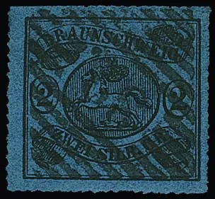 2 Sgr. schw./blau, oben vollständiger Durchstich innerhalb der Scherentrennung, zentrisch gestempeltes Luxusstück, sign. Bühler. Mi. 450,-