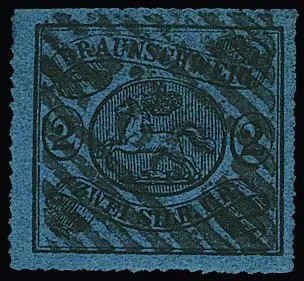 2 Sgr. schw./blau, oben vollständiger Durchstich innerhalb der Scherentrennung, zentrisch gestempeltes Luxusstück, sign. Bühler. Mi. 450,-
