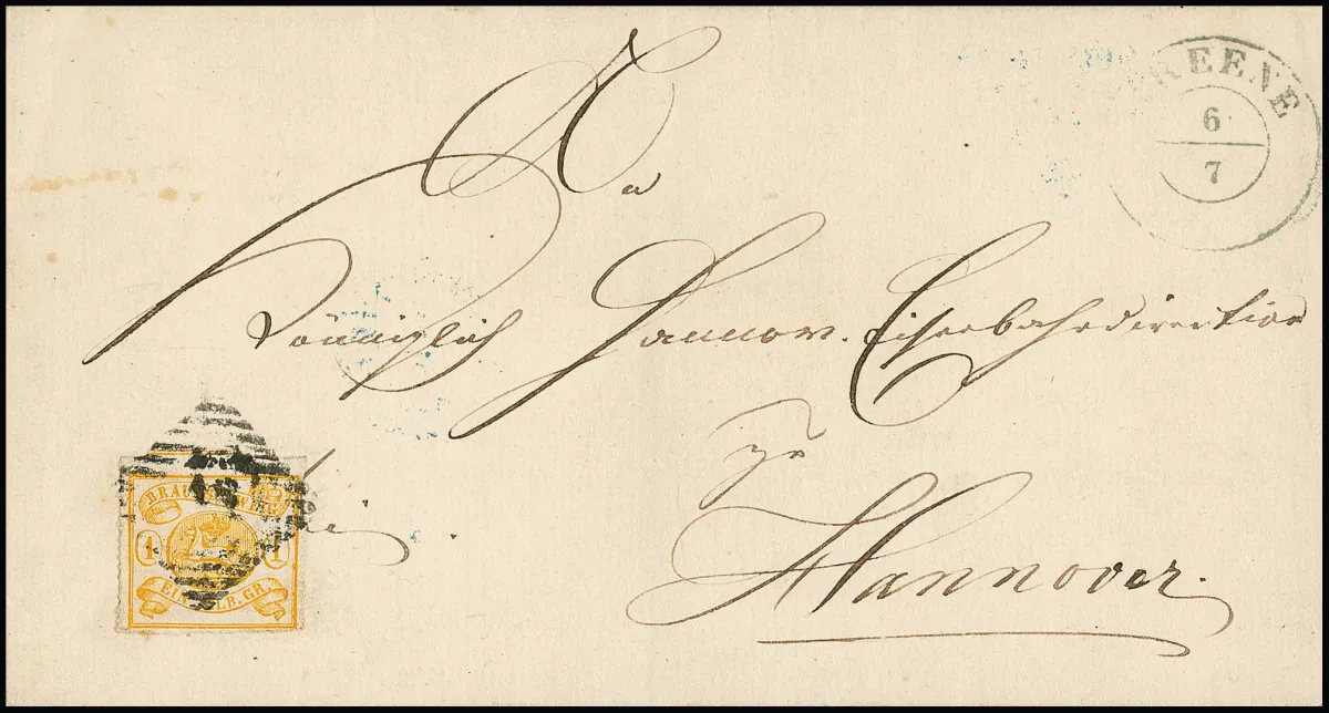 "16" with K2 "Greene" on cabinet letter with 1 Sgr. to Hanover, photo certificate Lange