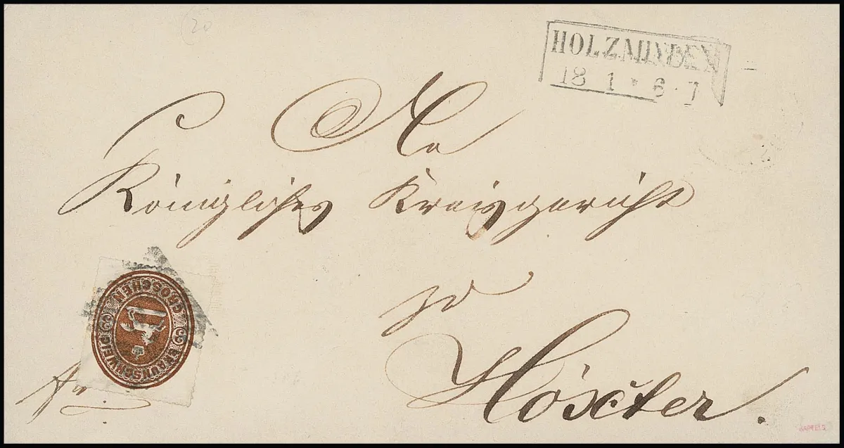 "24" nebst Ra2 "Holzminden" auf Wappen-Brief 3 Gr. ockerbraun (leichte Reinigungsspuren) nach Höxter, wahrscheinlich vom 18.1.1865. Der Nummernstempel von…