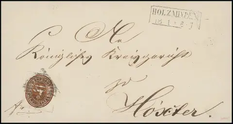 "24" nebst Ra2 "Holzminden" auf Wappen-Brief 3 Gr. ockerbraun (leichte Reinigungsspuren) nach Höxter, wahrscheinlich vom 18.1.1865. Der Nummernstempel von…