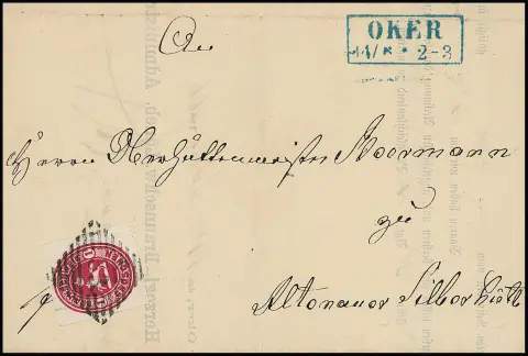 "33" nebst blauem Ra2 "Oker" auf zwei gef. Briefen mit teils vorgedrucktem Inhalt vom gleichen Absender, mit 1 Sgr. schw./gelb (am Rand leichte Vorfaltspur),…