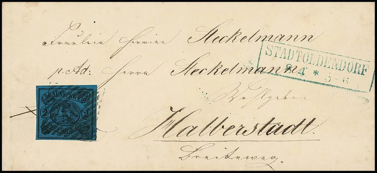"40" et Ra2 bleu "Stadtoldendorf" sur deux plis de dames de même correspondance, avec 4/4 Ggr. noir/brun parfait sur lettre ornée à bords rouges…