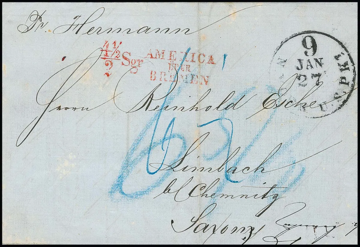 1855, "4 1/2 / 2 Sgr. AMERICA ÜBER BREMEN", roter Taxstempel auf gef. blauem Brief von New York (27.1.55) nach Sachsen, befördert mit Dampfer "Hermann" der…