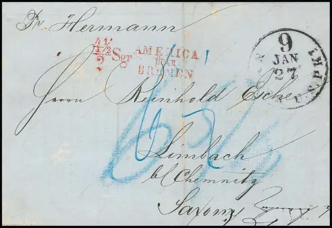 1855, "4 1/2 / 2 Sgr. AMERICA ÜBER BREMEN", roter Taxstempel auf gef. blauem Brief von New York (27.1.55) nach Sachsen, befördert mit Dampfer "Hermann" der…