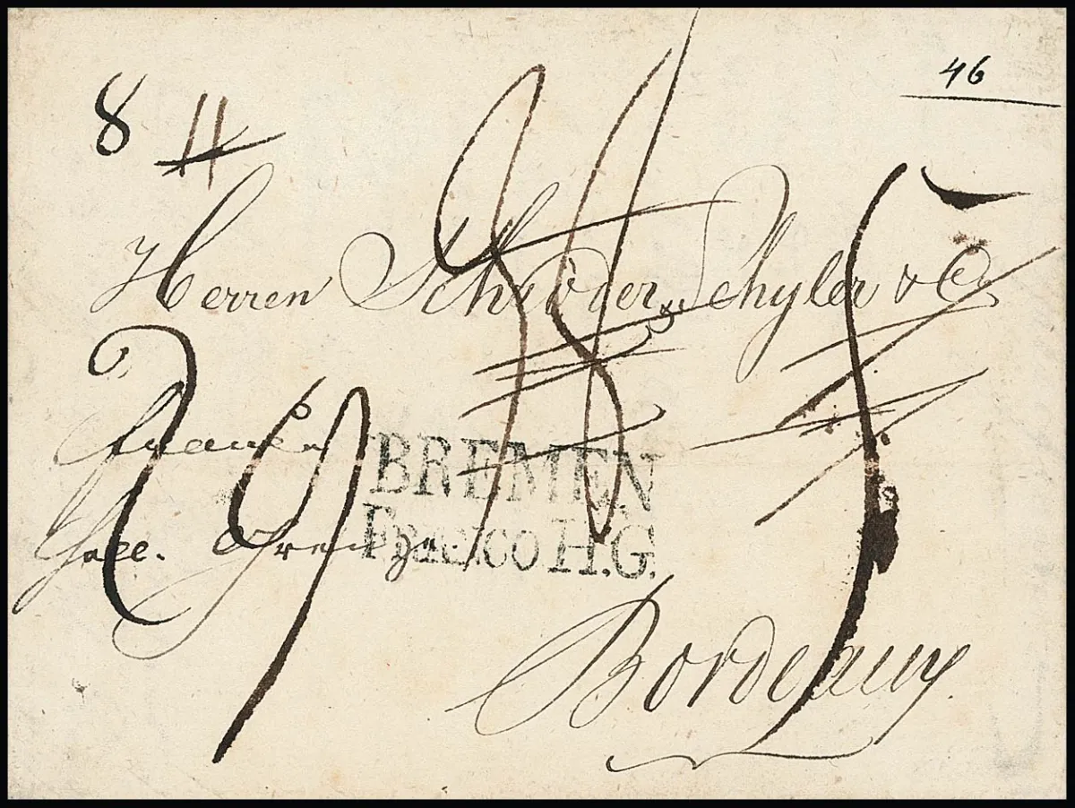 "Bremen Franco H.G.", 1814, rare L2 clair sur lettre de choix de Flensburg à Bordeaux, Hb. 1200,-