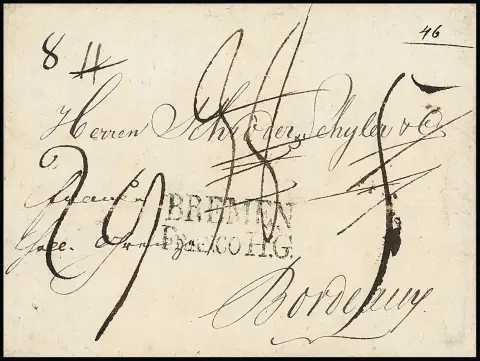 "Bremen Franco H.G.", 1814, seltener klarer L2 auf Kabinettbrief aus Flensburg nach Bordeaux, Hb. 1200,-