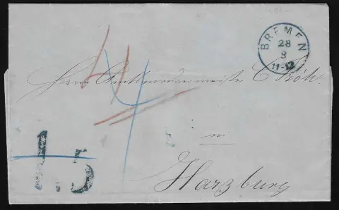 "Bremen" 1860, K1 hanovrien et cachet de taxe "1,5" (modifié en "4" Sgr.) sur lettre de choix vers Harzburg, photo exp. Berger