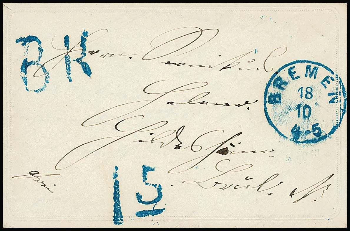 "Bremen", "Bremen Nachts", 1865/66, each blue K1 plus tax stamp "1,5" (ArGe Tax 03) on two cabinet letters, one embossed ornamental letter with blue L1 "B.K." (ArGe…