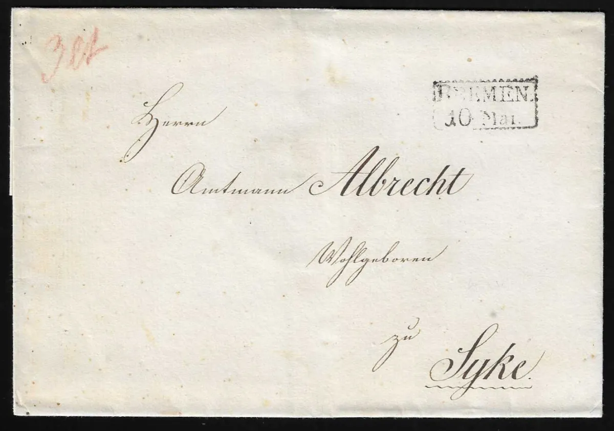 "Bremen", (1835), serrated Ra2 on decorative letter cover of the 3rd weight step to Sycke, reverse very fresh seal of the magistrate of the Hanseatic city and tax "2 Ggr. 3 Pfge."