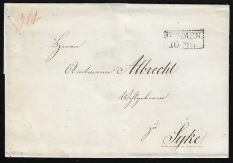 "Bremen", (1835), Ra2 dentelé sur enveloppe décorative de 3e échelon de poids pour Sycke, au verso cachet très frais du magistrat de la ville hanséatique et taxe "2 Ggr. 3 Pfge."
