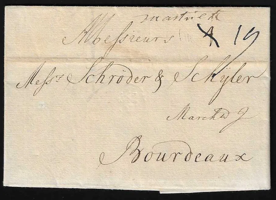 "Bremen", 1744, very early foreign letter to Bordeaux with handwritten transit note "mastricht"