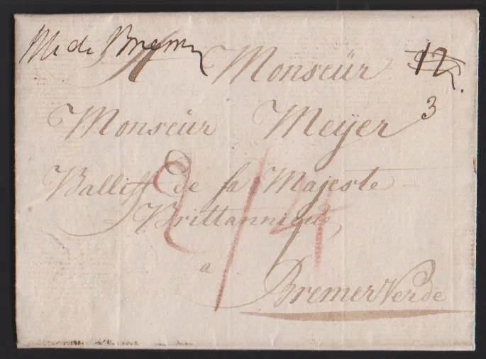 "Bremen", 1779, früher Brief mit L1 "D' HOLLANDE" nach Bordeaux, ferner Brief 1773 mit früher hs. Aufgabe "de Bremen", sowie versch. L1 auf zwei Briefen…