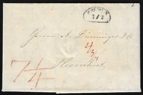 "Bremen", 1846, "ST.P.A. BREMEN", K2 sur lettre étrangère via l'Angleterre pour Baltimore/USA, plus le cachet en forme de rein sur lettre 1863 pour Herrnhut/Saxe