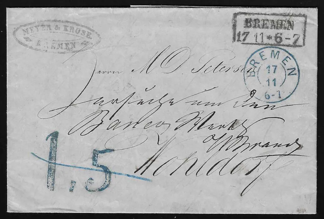 "Bremen", 1860, blauwe K2 met belastingstempel "1,5" (doorgestreept) en zwarte stadspost Ra2 "Bremen" op kabinetsbrief naar Wohldorf, zeldzame postwisselingsbrief