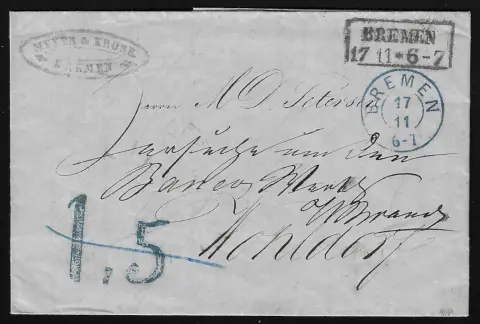"Bremen", 1860, K2 bleu avec cachet de taxe "1,5" (barré) et Ra2 noir de la poste urbaine "Bremen" sur lettre de cabinet pour Wohldorf, rare lettre de changement de poste