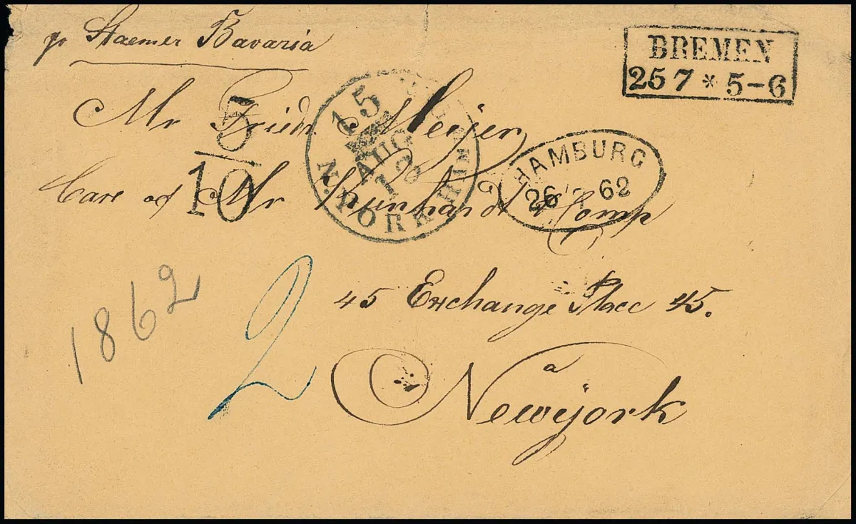 "Bremen", 1862, Ra2 s oválným razítkem "Hamburg" a taxovým razítkem "5/10" na žlutohnědé obálce do New Yorku