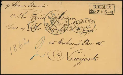 "Bremen", 1862, Ra2 avec cachet ovale "Hamburg" et cachet de taxe "5/10" sur enveloppe brun jaune pour New York
