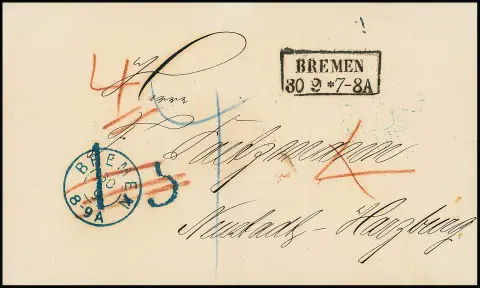 "Bremen", 1864, blauer Hannover-K2 nebst Taxstempel "3" (gestrichen) und Stadtpost-Ra2 "Bremen" auf Kabinettbrief nach Harzburg