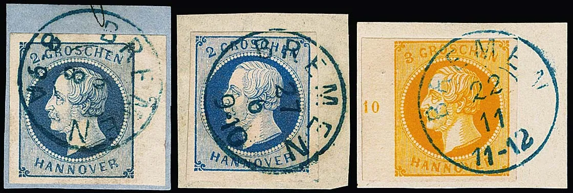 "Bremen", bureau de poste de Hanovre, étude de cachets sur 17 valeurs de Hanovre incl. une lettre, dont pièces de choix/luxe avec bords 2 Gr. bleu et 3 Gr. orange, deux photoexp. Berger