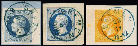 "Bremen", hannoversches Postamt, Stempelstudie auf 17 Hannover-Werten inkl. einer Briefvs., dabei Kabinett-/Luxusbriefstücke mit Randstücken 2 Gr. blau und 3…